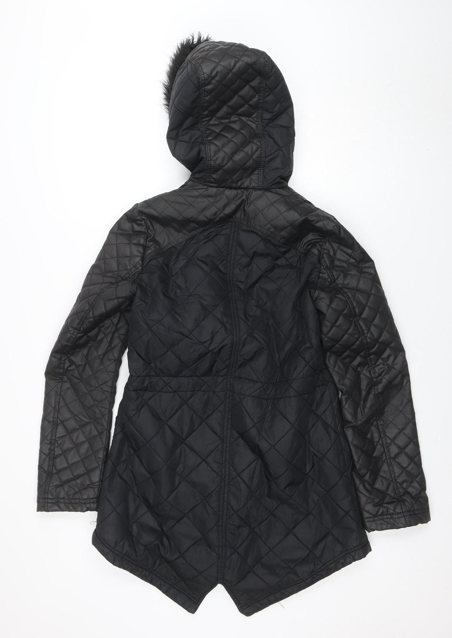 South Women’s Black Quilted Hooded Jacket UK 8 Faux Fur Trim