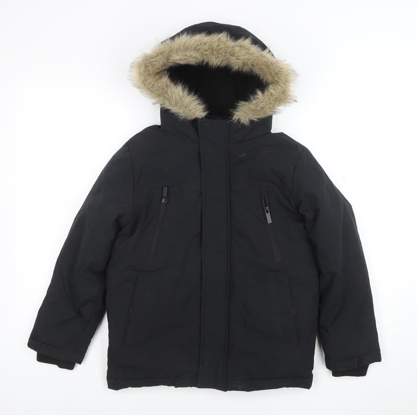 George Boys Black Hooded Faux Fur Trim Winter Parka Coat 8-9 Years