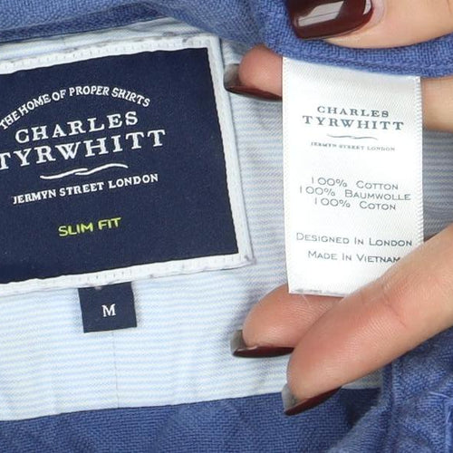 Charles Tyrwhitt Men's Blue Slim Fit Cotton Button-Up Shirt M
