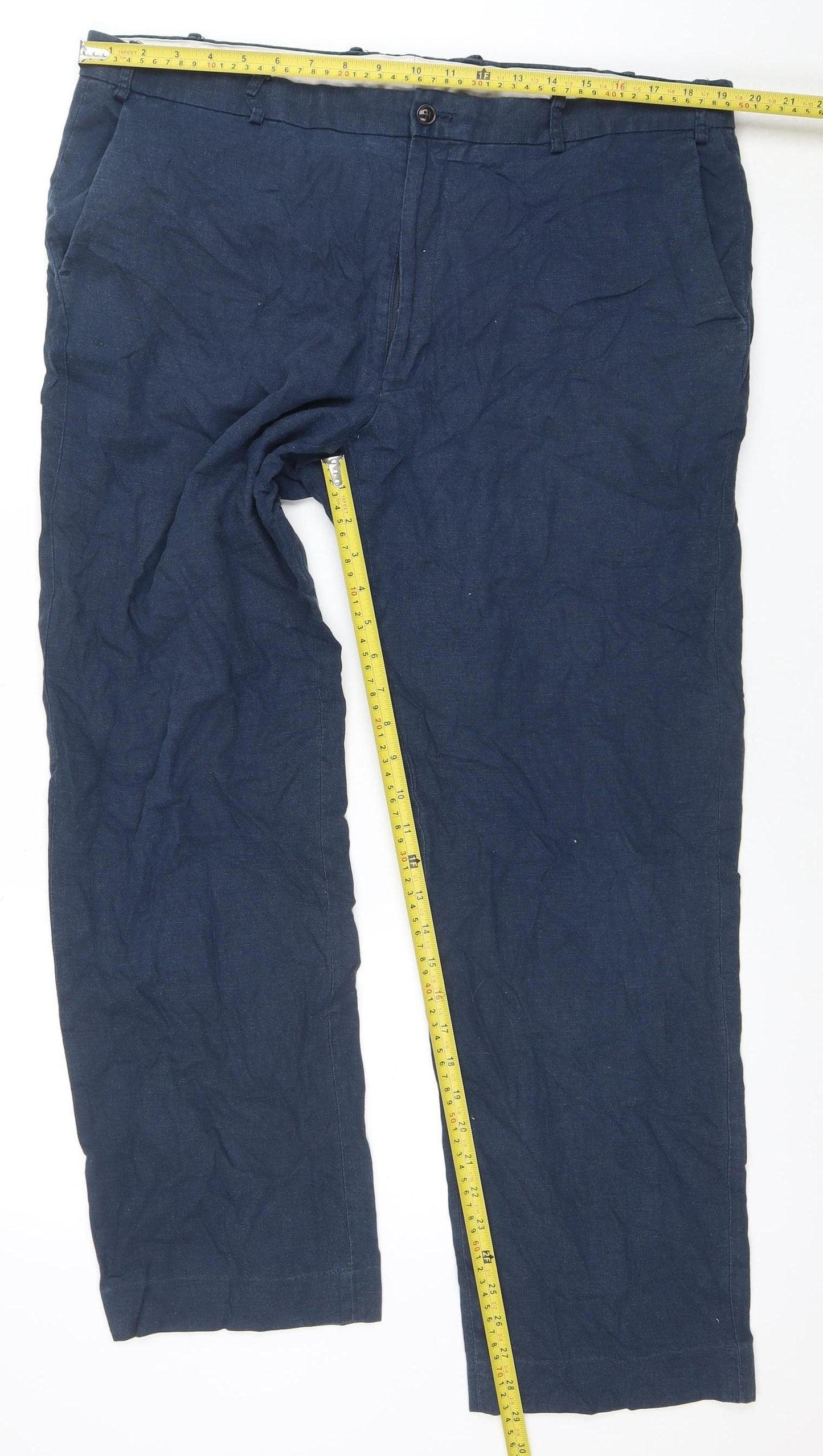 Marks and Spencer Men's Blue Linen Blend Regular Fit Chino Trousers 40W 31L