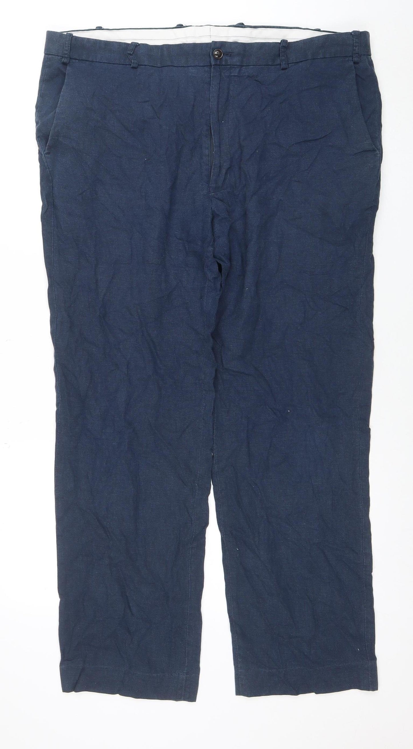 Marks and Spencer Men's Blue Linen Blend Regular Fit Chino Trousers 40W 31L