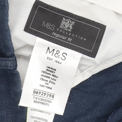 Marks and Spencer Men's Blue Linen Blend Regular Fit Chino Trousers 40W 31L