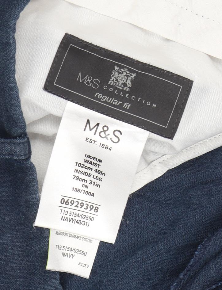 Marks and Spencer Men's Blue Linen Blend Regular Fit Chino Trousers 40W 31L
