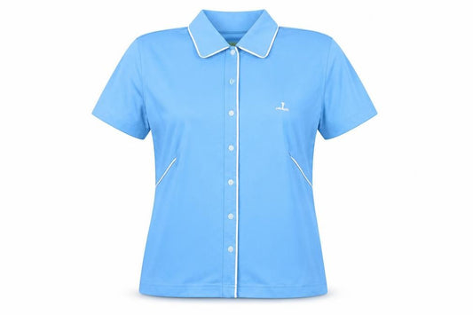 Front view of BACKTEE Women's Blue Short Sleeve Collared Polo Shirt M