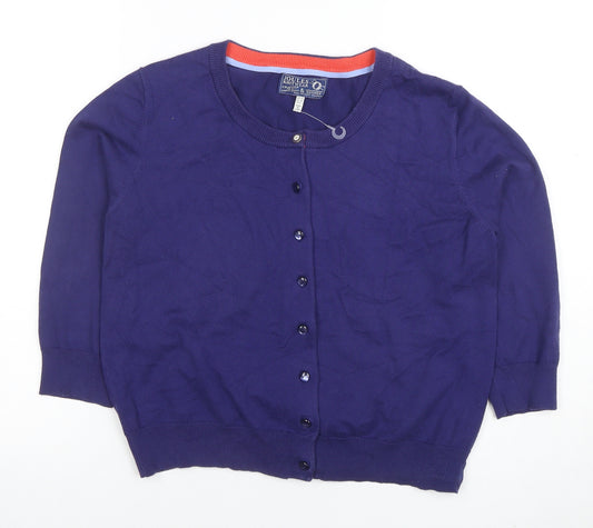 Joules Women's Blue Cotton Blend Crew Neck Cardigan Size 14