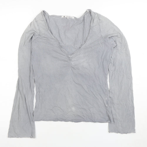 Fat Face Womens Grey Long Sleeve Cotton V-Neck Basic Top Size 10