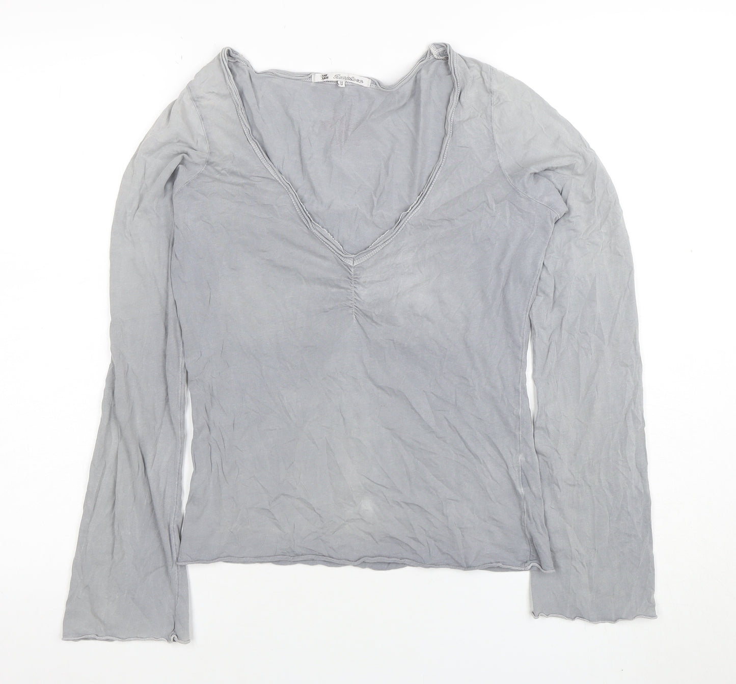 Fat Face Womens Grey Long Sleeve Cotton V-Neck Basic Top Size 10