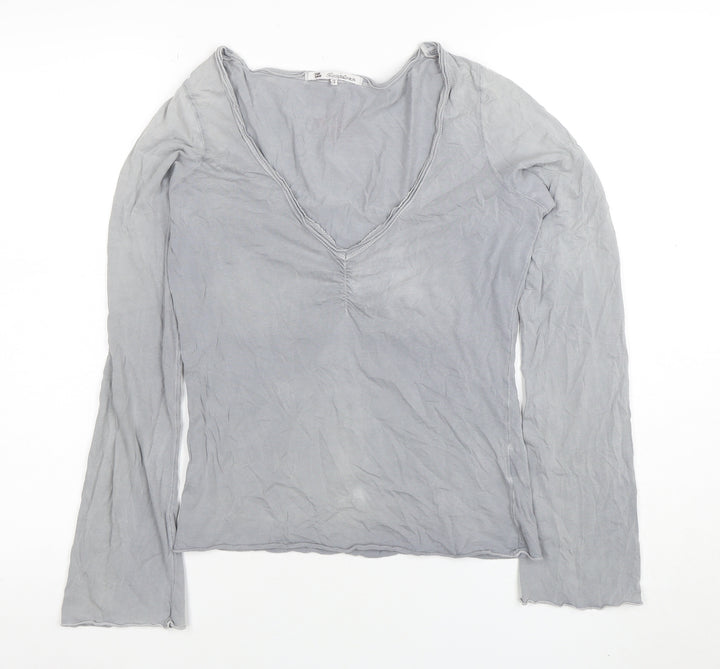 Fat Face Womens Grey Long Sleeve Cotton V-Neck Basic Top Size 10