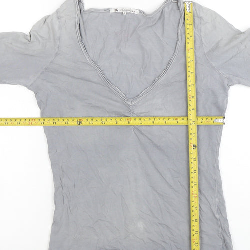 Fat Face Womens Grey Long Sleeve Cotton V-Neck Basic Top Size 10