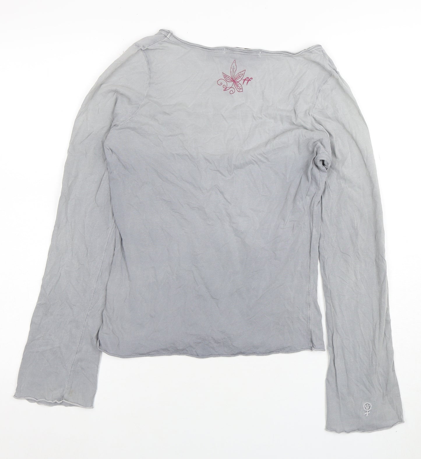 Fat Face Womens Grey Long Sleeve Cotton V-Neck Basic Top Size 10