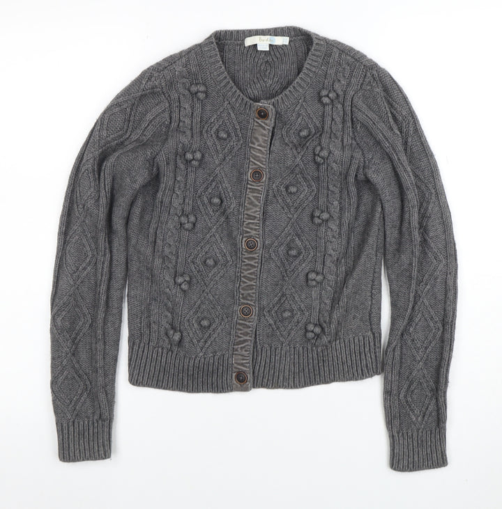 Boden Women Grey Wool Blend Cable-Knit Button Cardigan Size 8