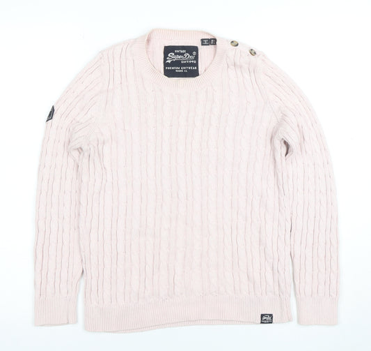 Superdry Women's Pink Cable-Knit Jumper Size 14 Crew Neck Cotton Blend