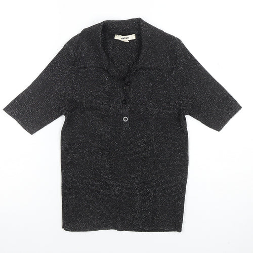 Koton Women Black Glitter Collared Button-Up Knit Top M