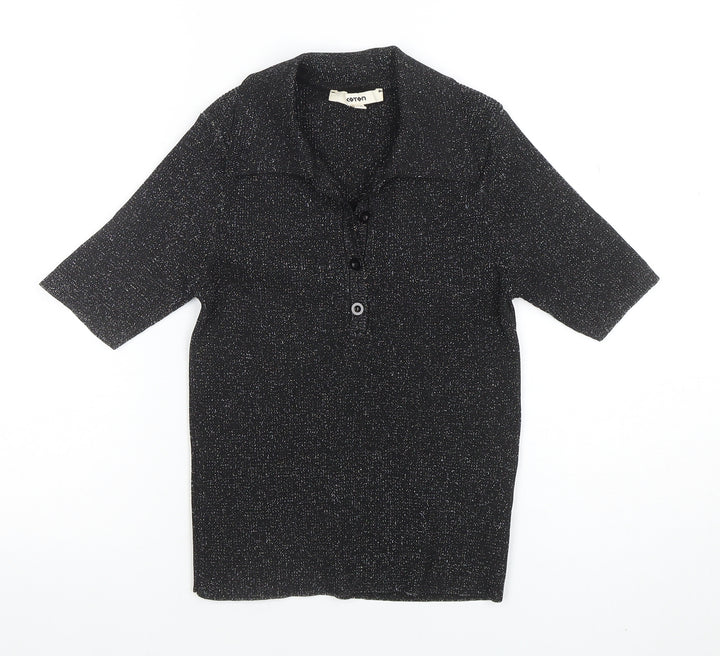 Koton Women Black Glitter Collared Button-Up Knit Top M