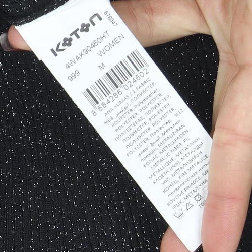 Koton Women Black Glitter Collared Button-Up Knit Top M