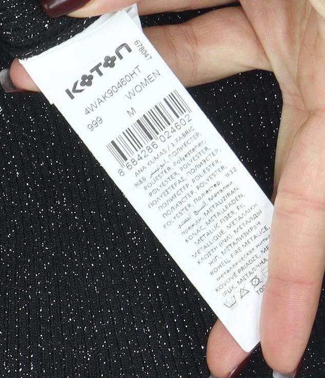 Koton Women Black Glitter Collared Button-Up Knit Top M