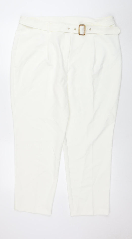 M&Co Women’s Ivory Belted Stretch Tapered Trousers Size 18