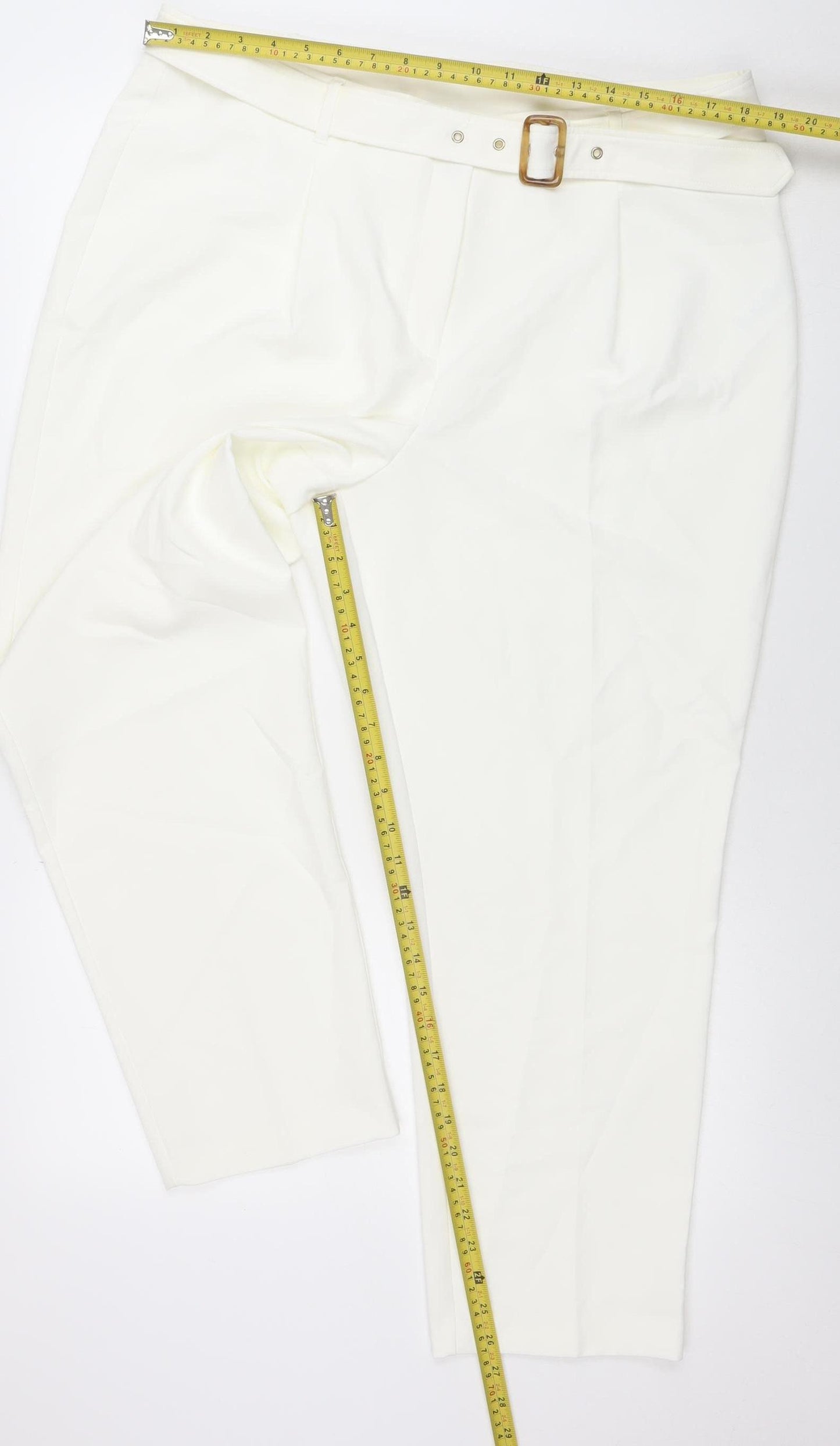 M&Co Women’s Ivory Belted Stretch Tapered Trousers Size 18
