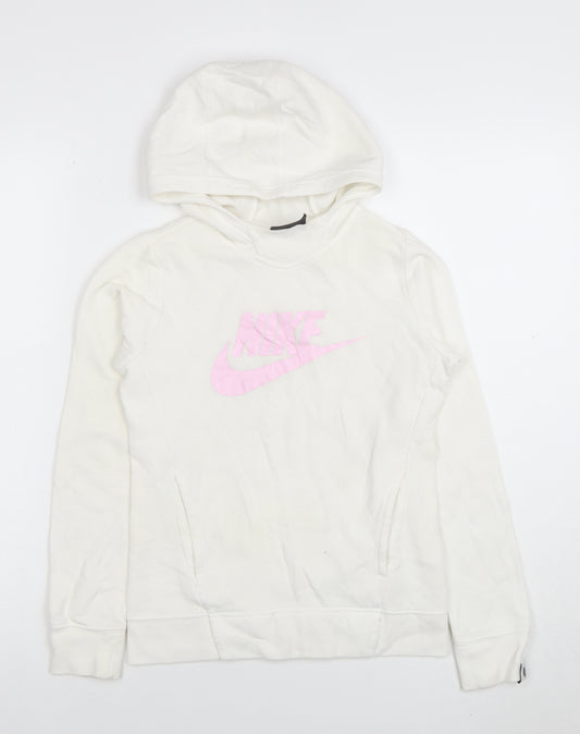 Nike Girls White Pullover Hoodie M 9-10 Years Pink Logo Lightweight Fleece