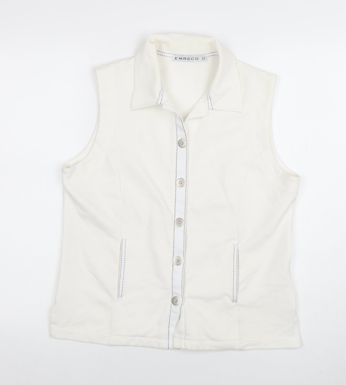 Emreco Womens White Sleeveless Collared Button-Up Top Size 10