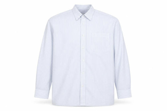 Front view of Peter England Men's Blue Striped Long Sleeve Cotton Blend Shirt 17 Regular Fit
