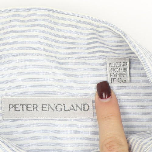 Peter England Men's Blue Striped Long Sleeve Cotton Blend Shirt 17 Regular Fit