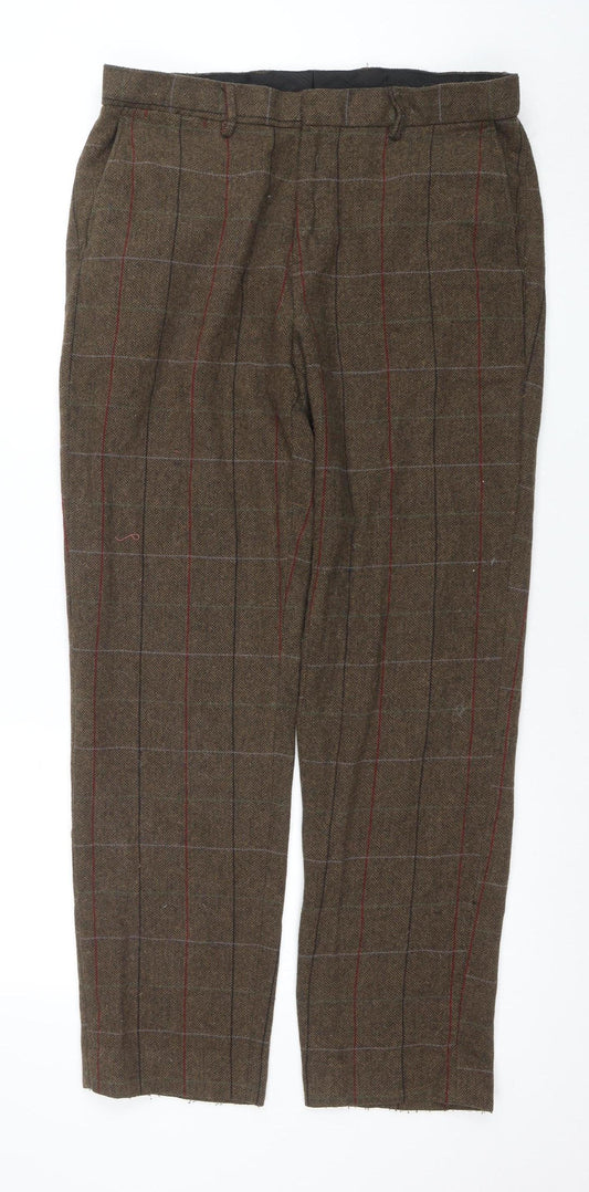 Ed Walters Men's Brown Check Wool Blend Pleated Dress Trousers 34R
