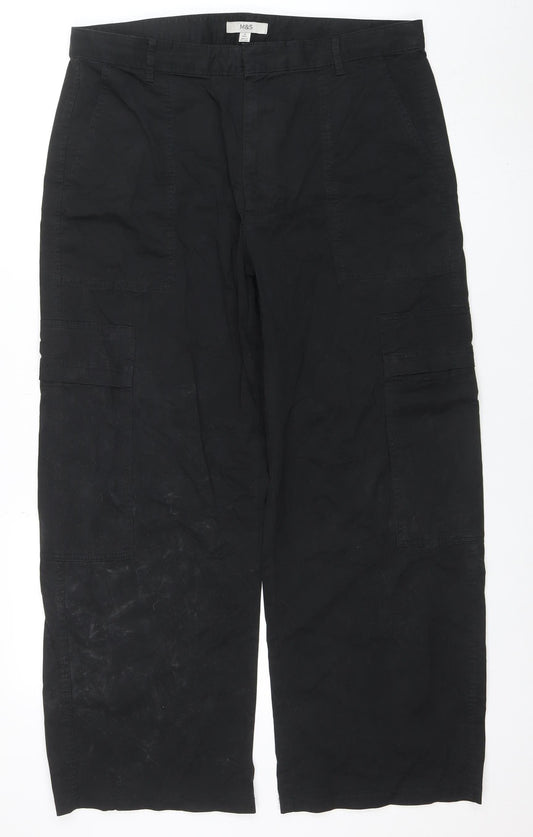 Marks and Spencer Women Black Cotton Cargo Trousers Size 16 Regular