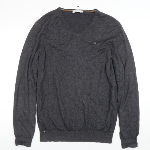 Calvin Klein Men's Grey V-Neck Cotton Acrylic Jumper L