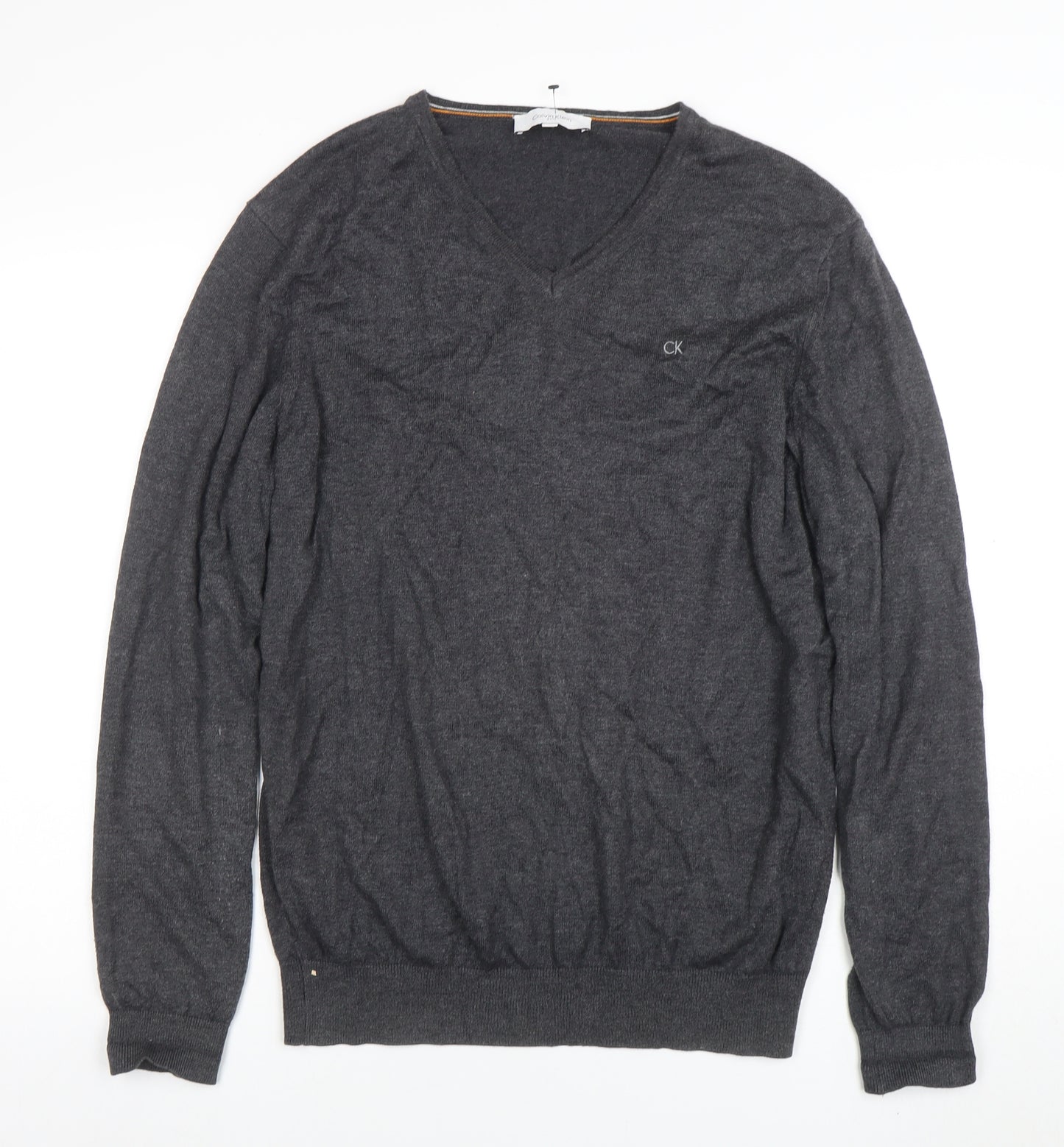 Calvin Klein Men's Grey V-Neck Cotton Acrylic Jumper L