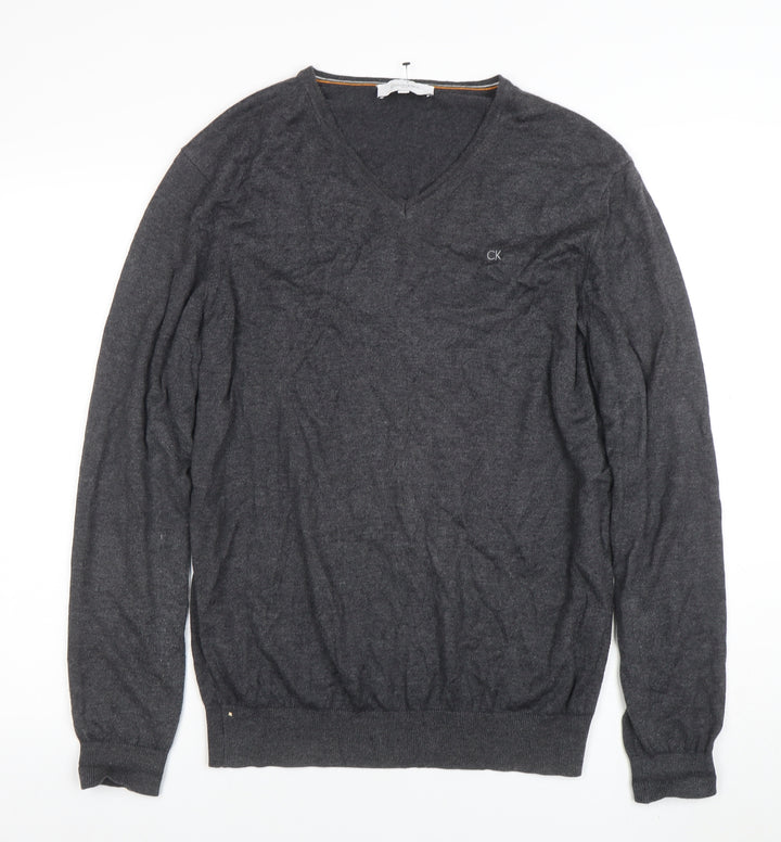 Calvin Klein Men's Grey V-Neck Cotton Acrylic Jumper L