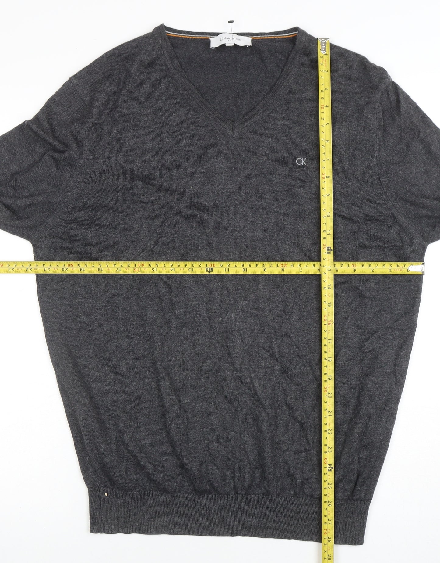 Calvin Klein Men's Grey V-Neck Cotton Acrylic Jumper L