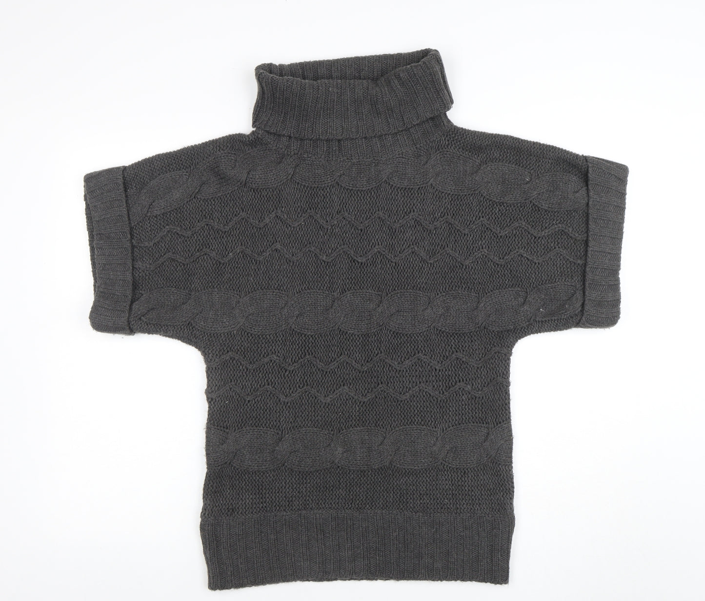 Klass Collection Women Grey Cable-Knit Roll Neck Short Sleeve Jumper M