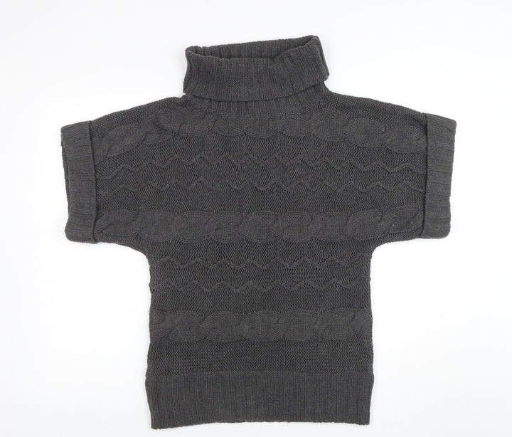 Klass Collection Women Grey Cable-Knit Roll Neck Short Sleeve Jumper M