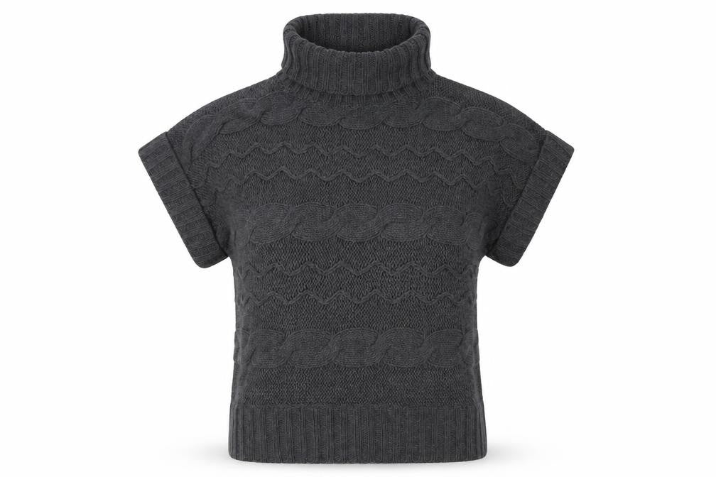 Klass Collection Women Grey Cable-Knit Roll Neck Short Sleeve Jumper M
