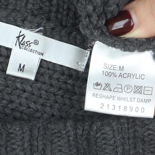 Klass Collection Women Grey Cable-Knit Roll Neck Short Sleeve Jumper M
