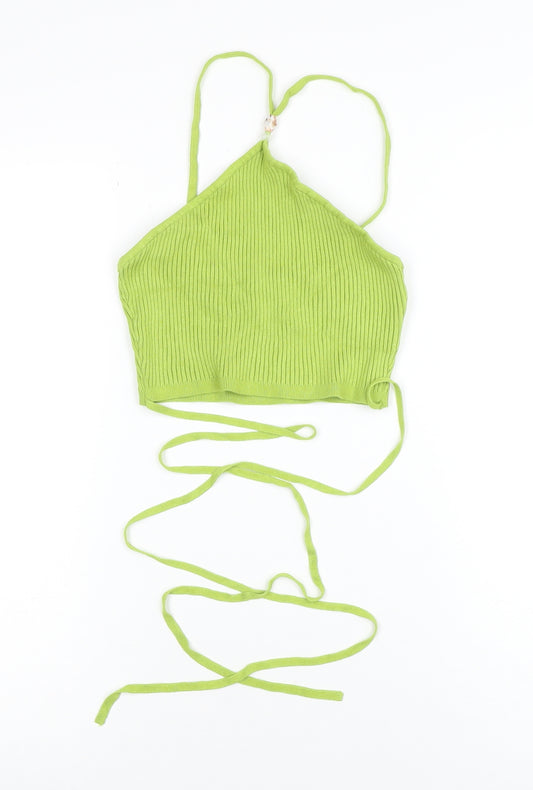 H&M Women’s Green Halter Ribbed Knit Tie Tank Top Size M