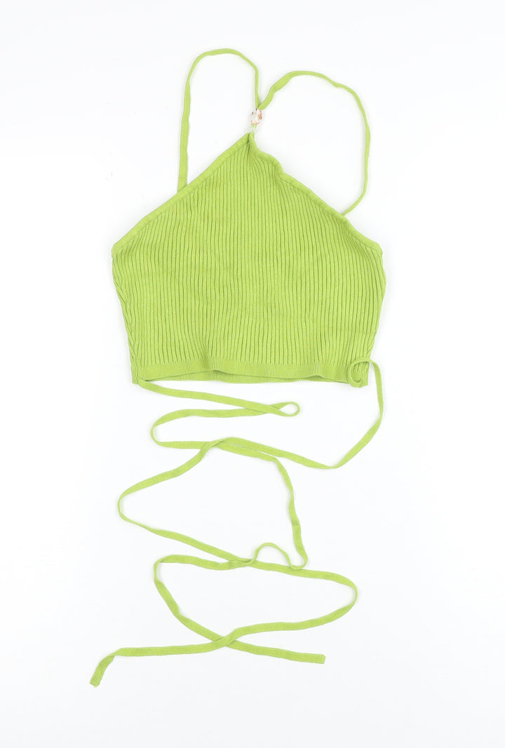 H&M Women’s Green Halter Ribbed Knit Tie Tank Top Size M