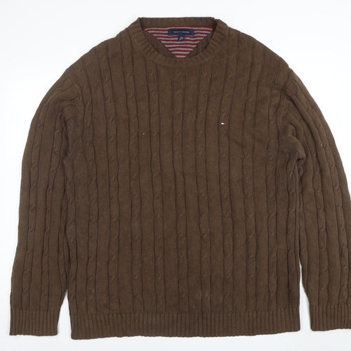 Tommy Hilfiger Men’s Brown XL Cable-Knit Cotton Crew Neck Jumper