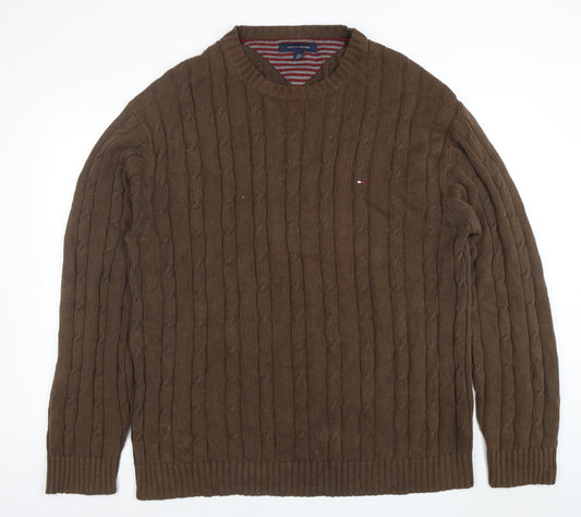 Tommy Hilfiger Men’s Brown XL Cable-Knit Cotton Crew Neck Jumper