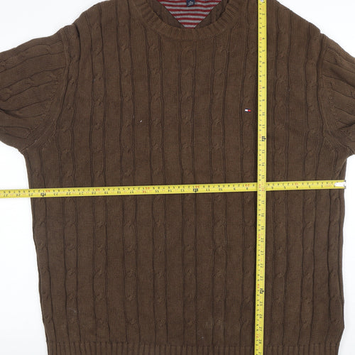 Tommy Hilfiger Men’s Brown XL Cable-Knit Cotton Crew Neck Jumper