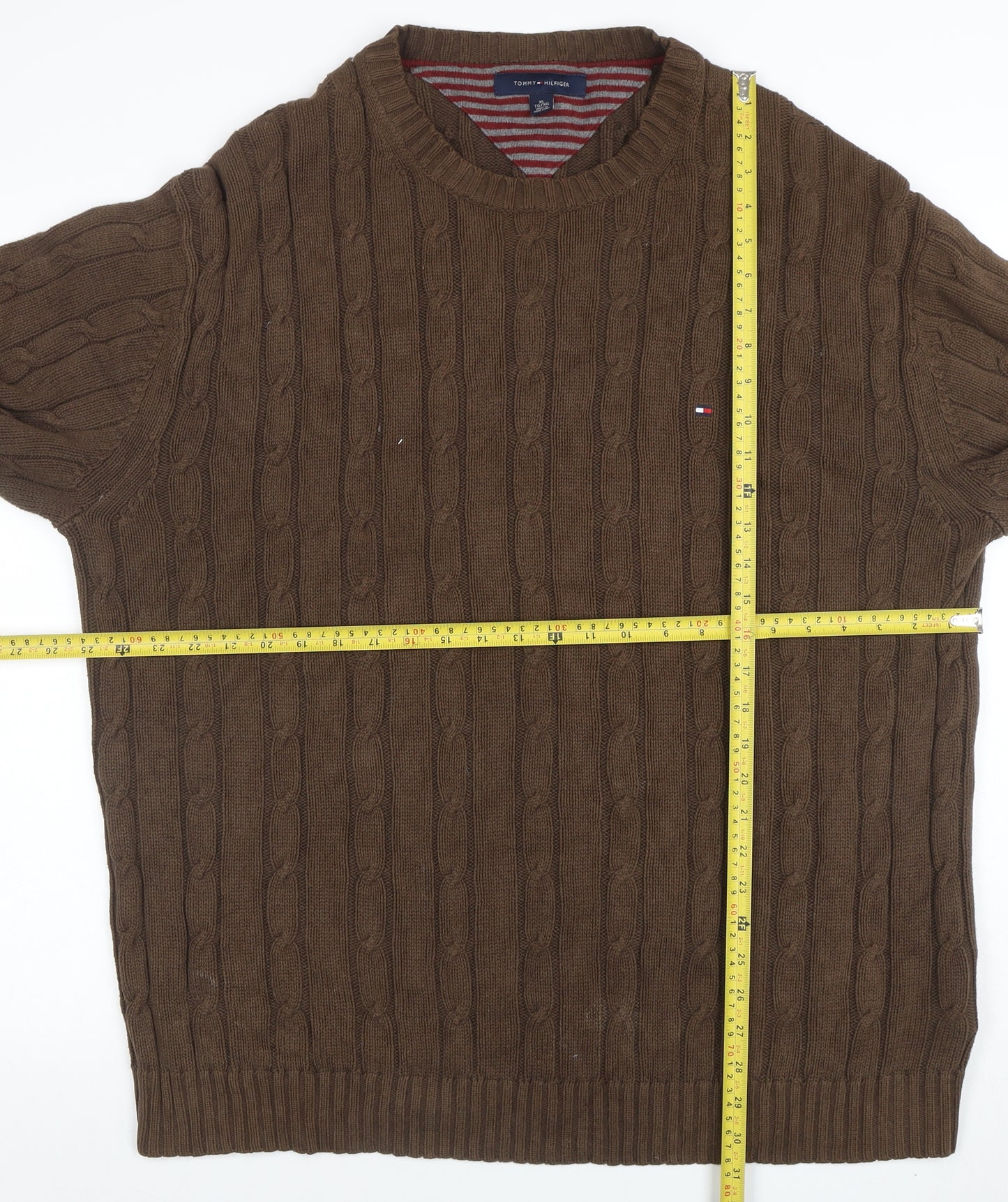 Tommy Hilfiger Men’s Brown XL Cable-Knit Cotton Crew Neck Jumper