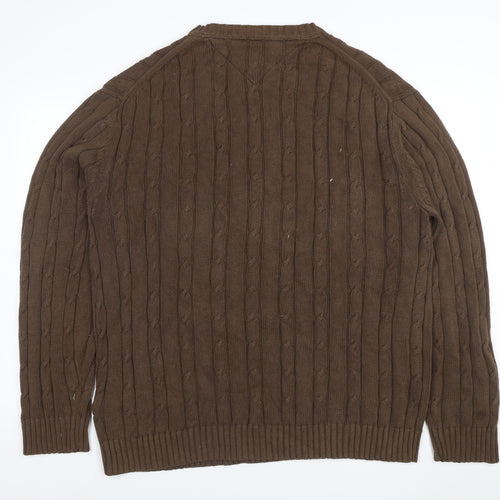 Tommy Hilfiger Men’s Brown XL Cable-Knit Cotton Crew Neck Jumper
