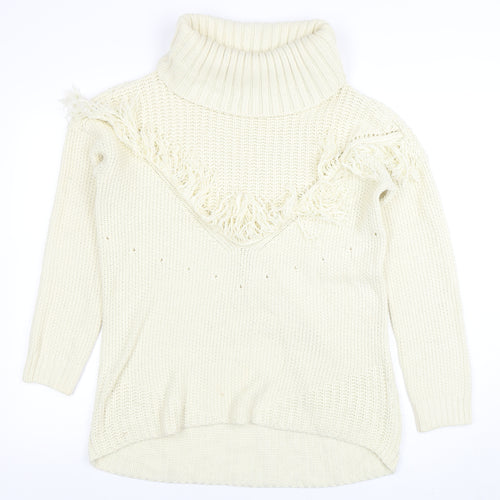 Missguided Women’s Ivory Roll Neck Chunky Knit Fringe Jumper Size 10