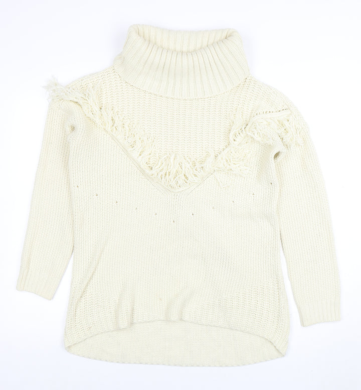 Missguided Women’s Ivory Roll Neck Chunky Knit Fringe Jumper Size 10