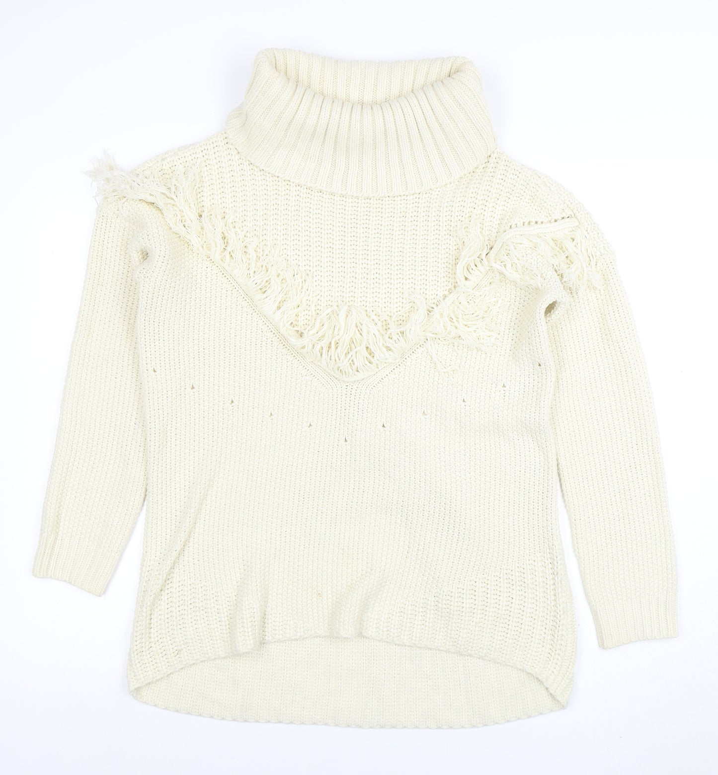 Missguided Women’s Ivory Roll Neck Chunky Knit Fringe Jumper Size 10