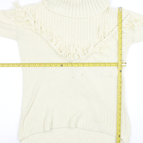 Missguided Women’s Ivory Roll Neck Chunky Knit Fringe Jumper Size 10