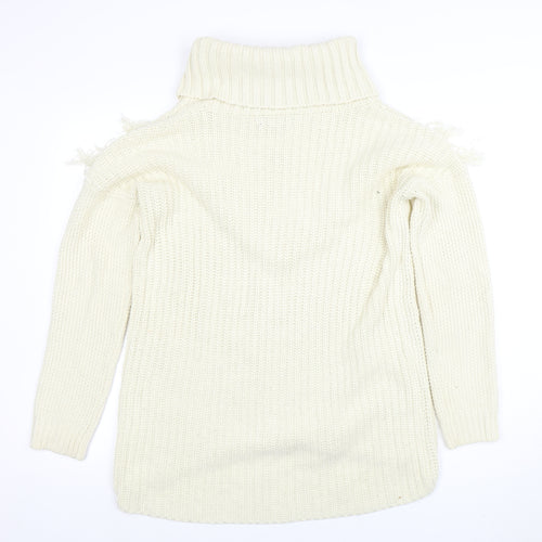 Missguided Women’s Ivory Roll Neck Chunky Knit Fringe Jumper Size 10