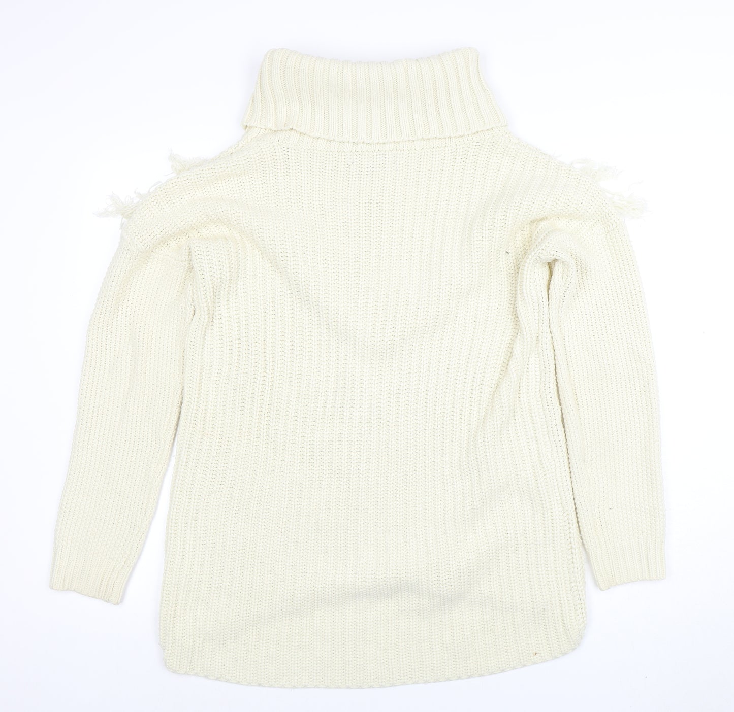 Missguided Women’s Ivory Roll Neck Chunky Knit Fringe Jumper Size 10