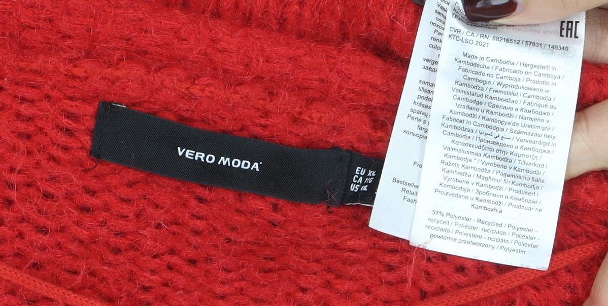 Vero Moda Women Red Chunky-Knit V-Neck Cardigan XL